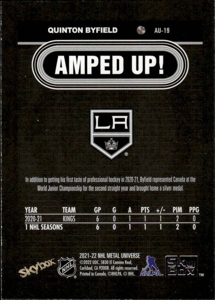 2021-22 Upper Deck Skybox Metal Universe Hockey Amped Up #AU-19 Quinton Byfield - Los Angeles Kings