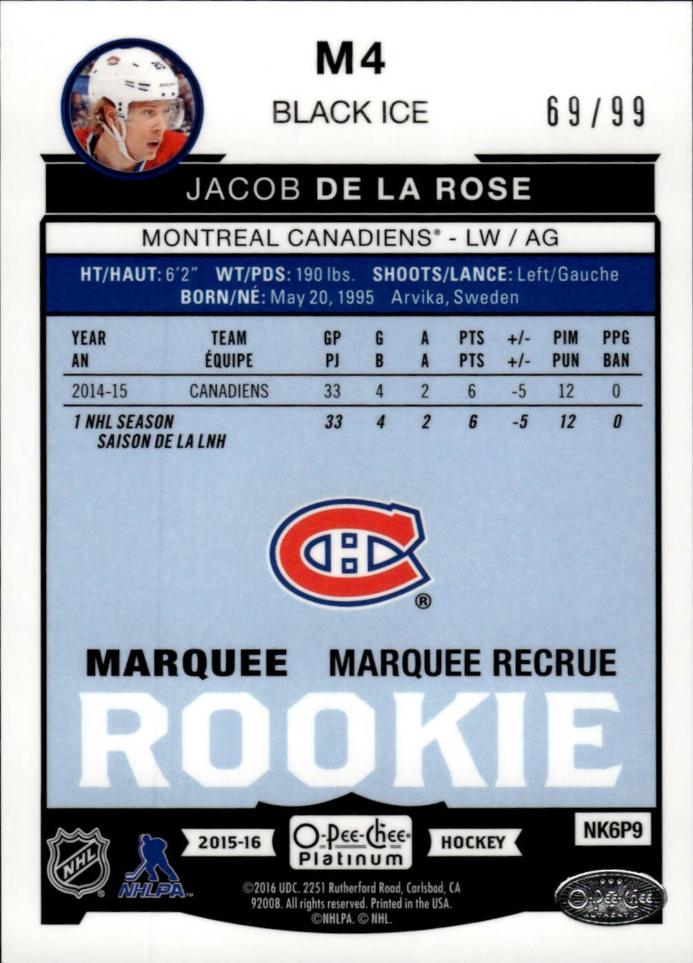 2015-16 O-Pee-Chee Platinum Hockey - Base - Black Ice /99 # M4 Jacob De La Rose - Montreal Canadiens