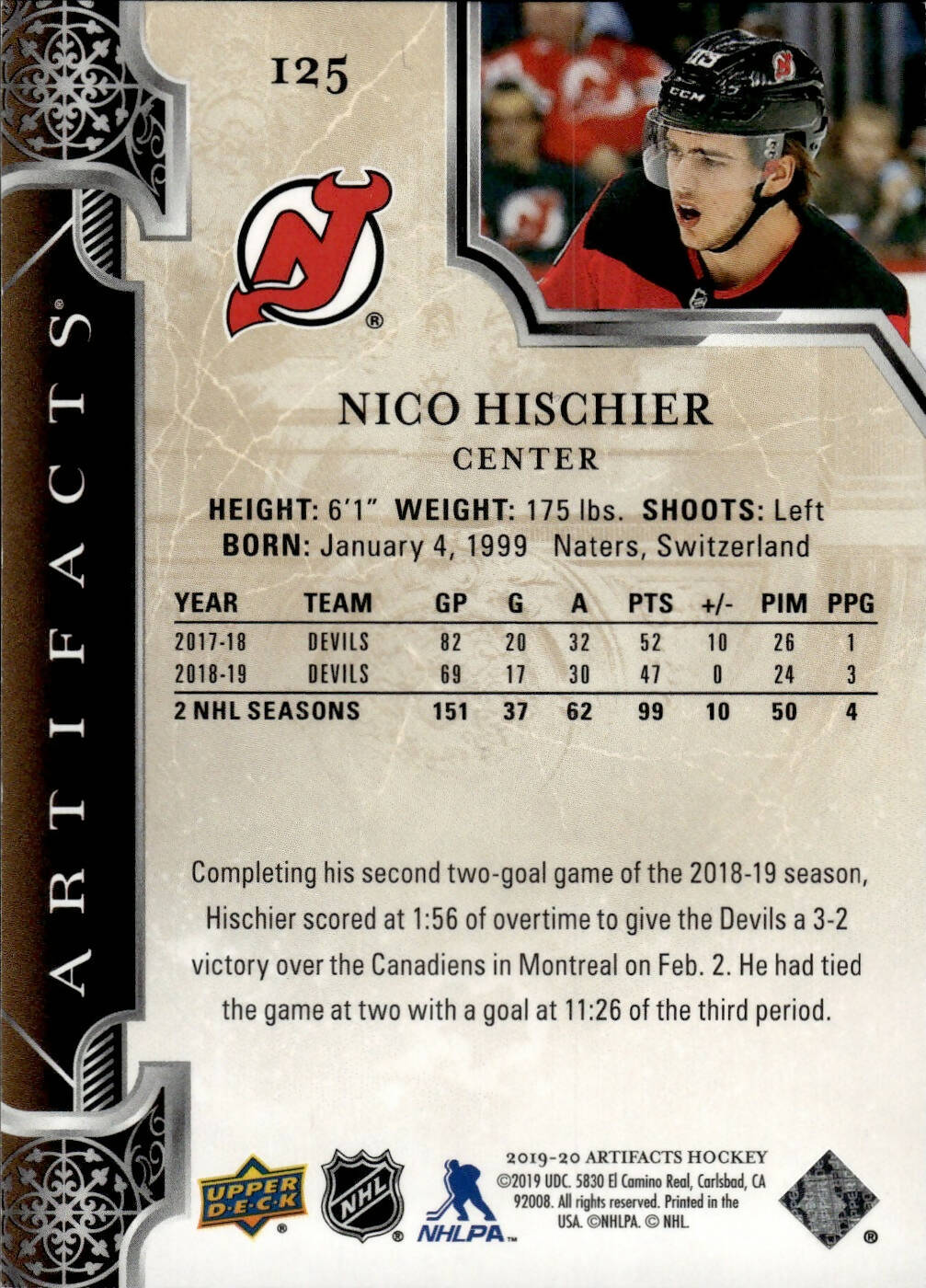 2019-20 Upper Deck Artifacts Hockey - Base /699 #125 Nico Hischier - New Jersey Devils