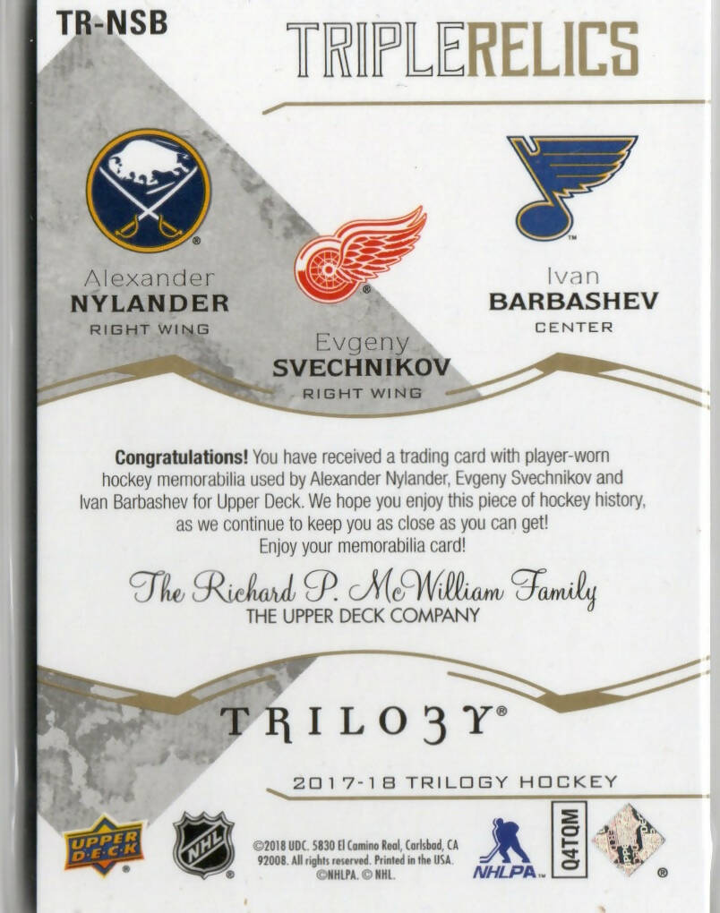 2017-18 Upper Deck Trilogy Hockey - Triple Relics /99 #TR-NSB Alexander Nylander Evgeny Svechnikov Ivan Barbashev - Buffalo Sabres Detroit Red Wings St. Louis Blues