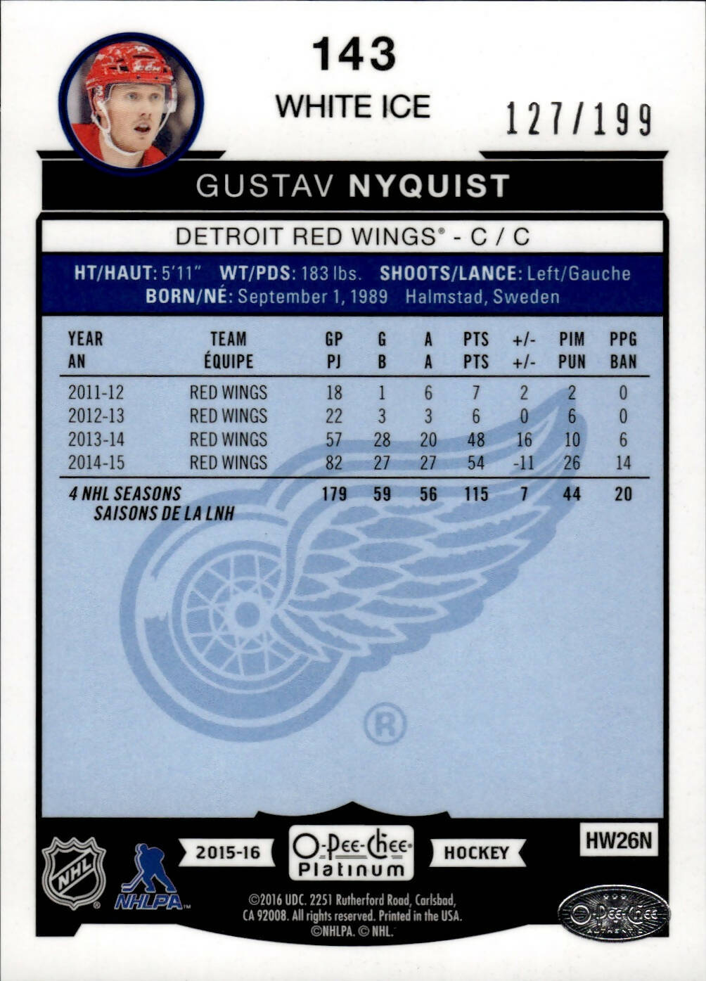 2015-16 O-Pee-Chee Platinum Hockey White Ice /199 #143 Gustav Nyquist - Detroit Red Wings