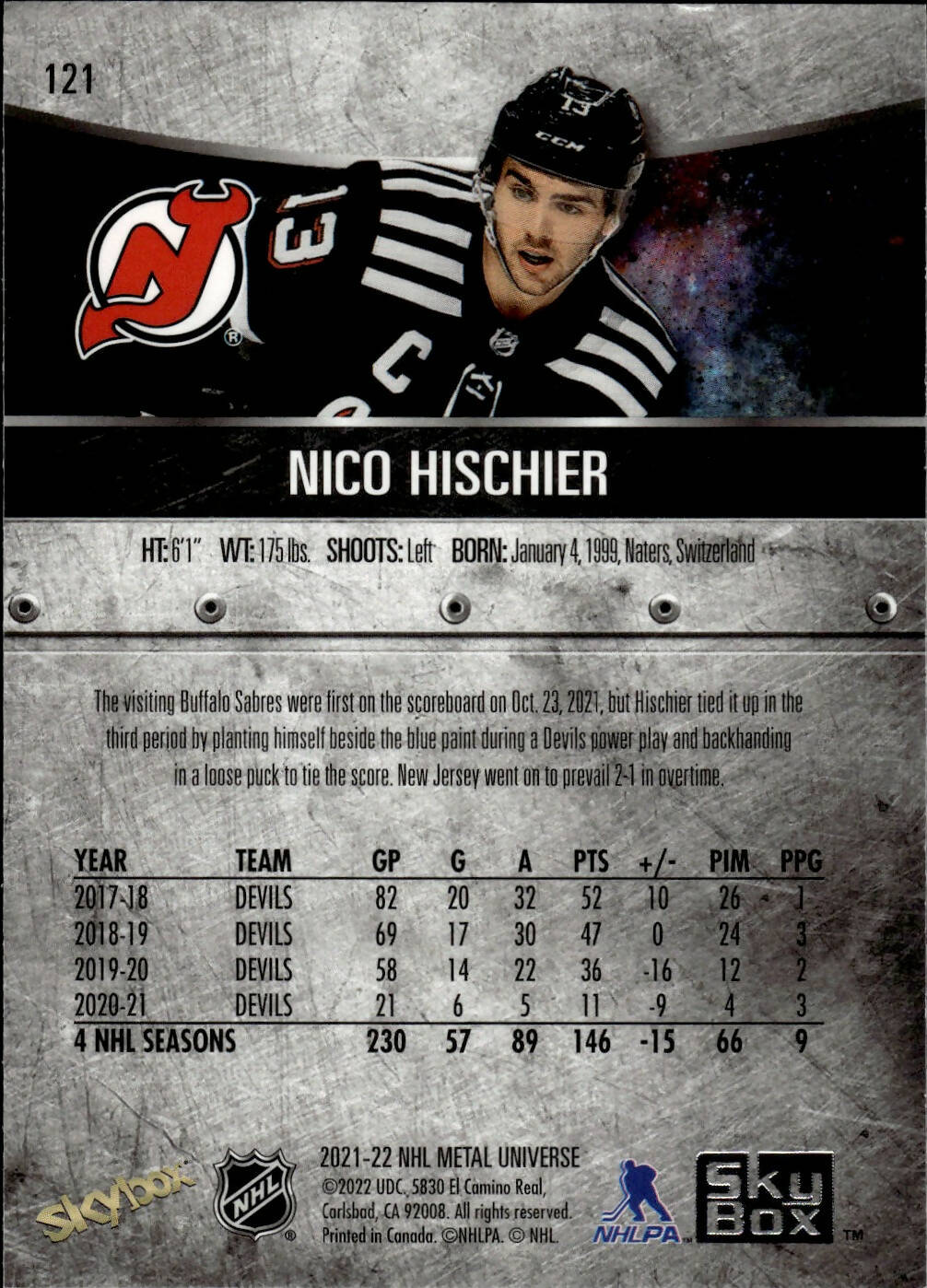 2021-22 Upper Deck Skybox Metal Universe Hockey Alt Jersey #121 Nico Hischier - New Jersey Devils