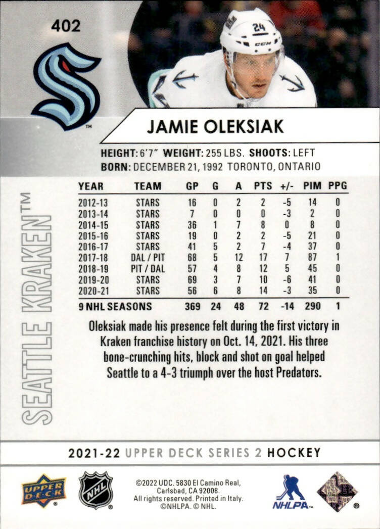 2021-22 Upper Deck Series 2 Hockey - Base #402 Jamie Oleksiak - Seattle Kraken